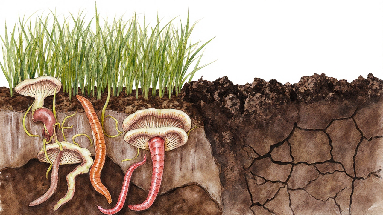 Разрез почвы с червями и грибницей под зелёными удобрениями.