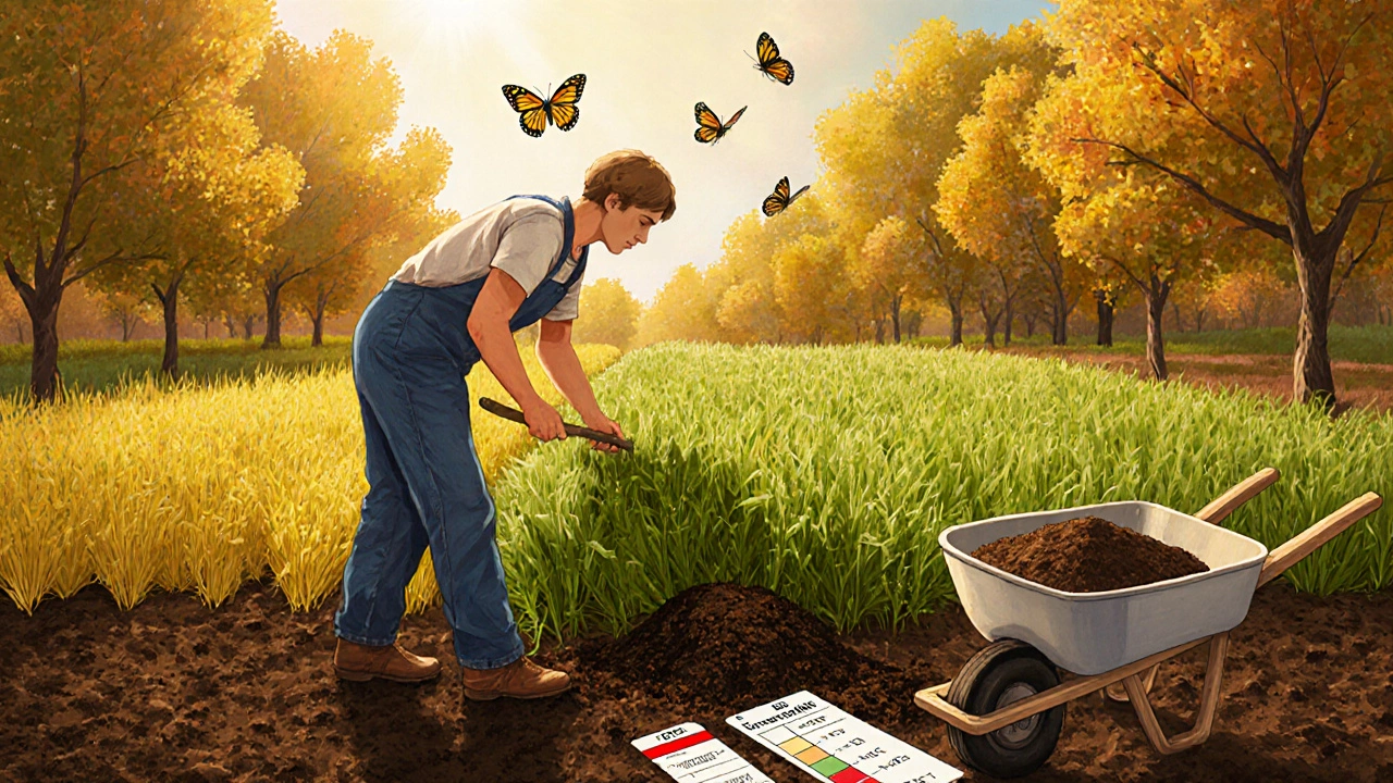 Садовник копает зеленые удобрения — горчицу и овес — на улучшенной почве под осенним солнцем.