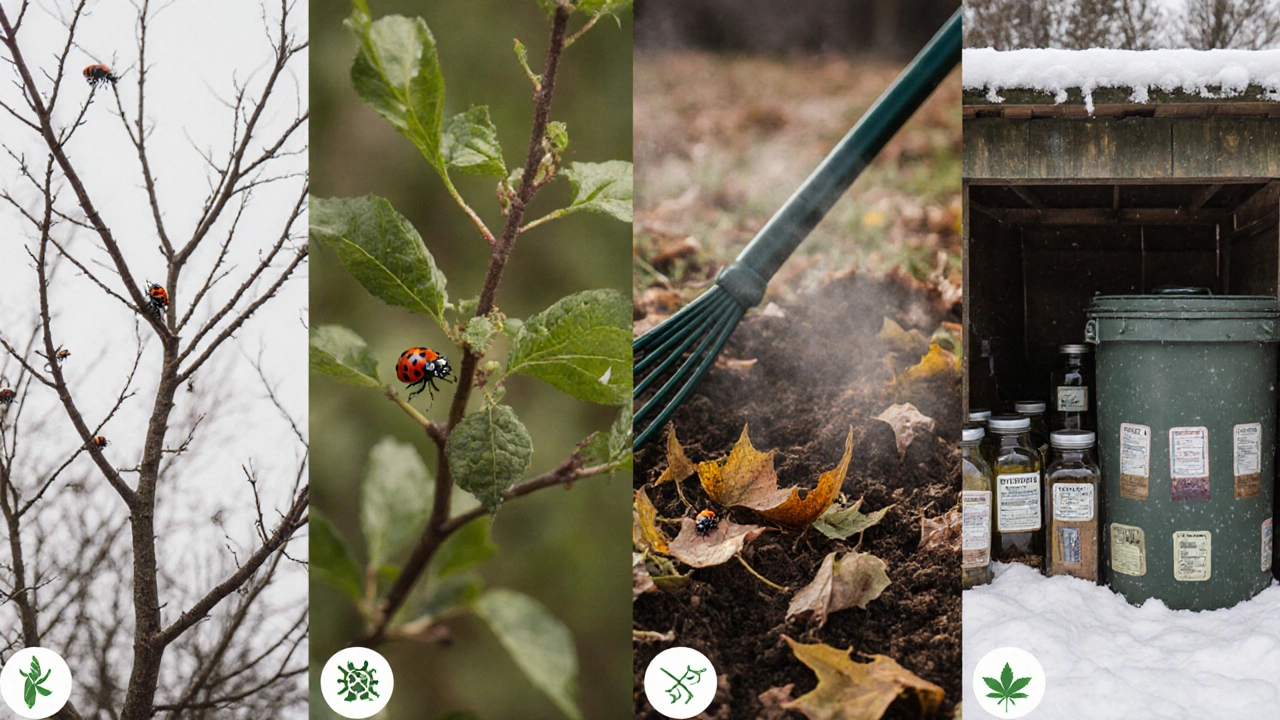 Сезонный цикл защиты растений: весна, лето, осень и зима, с символами вредителей и средств защиты в каждом периоде.