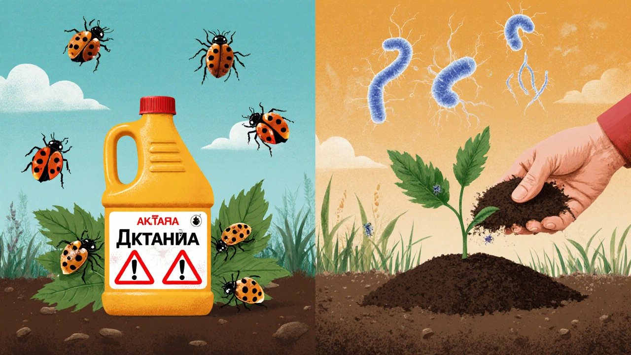 Сравнение химического пестицида и биологических методов защиты растений: пчелы гибнут рядом с бутылкой, божьи коровки и бактерии защищают растения.