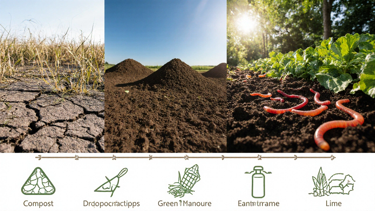 Трехэтапная схема восстановления почвы: от истощенной земли к живой, плодородной почве с овощами.