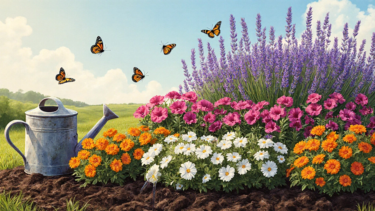 Трёхуровневый цветник с бархатцами, петуниями и лавандой, растущими естественно без ухода.