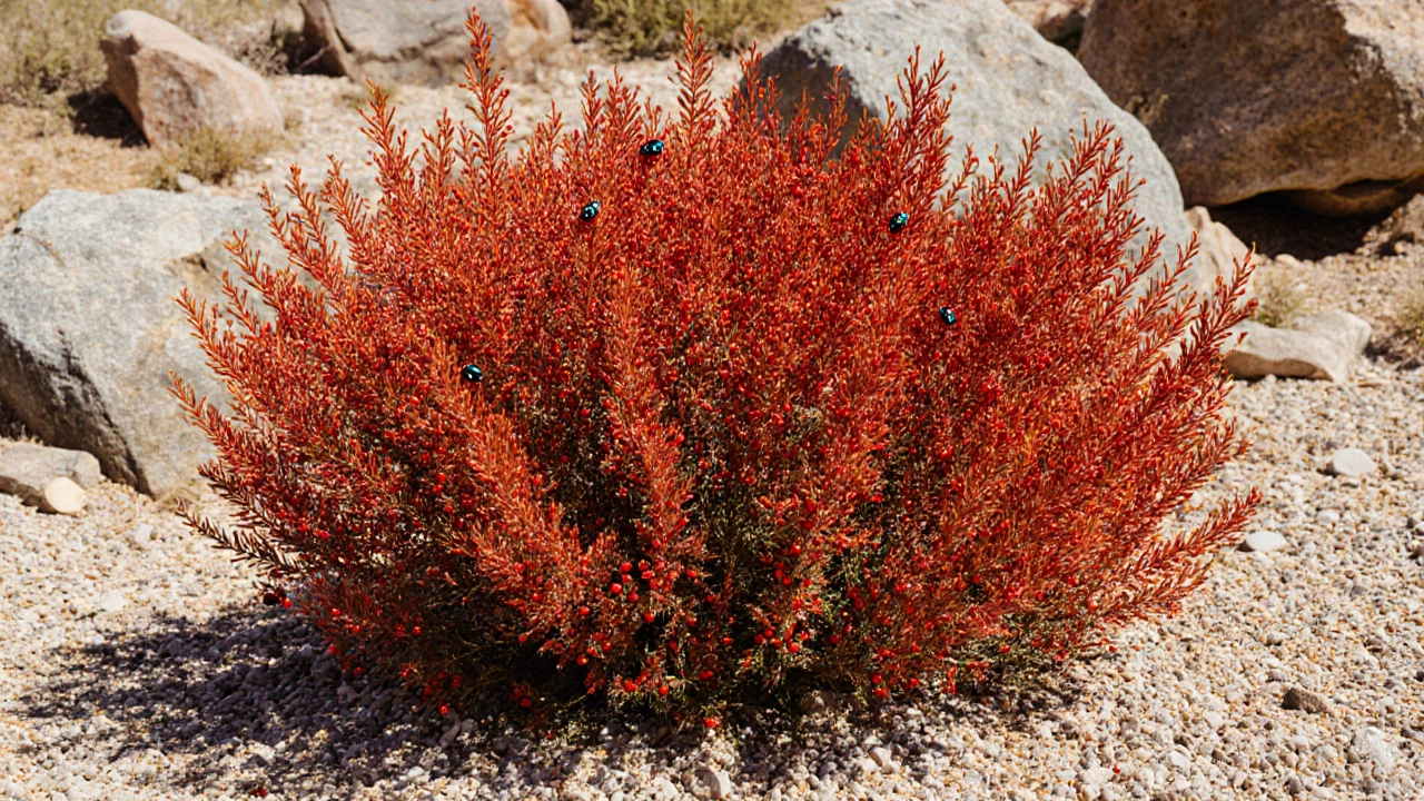 Ярко-красный барбарис Тунберга растёт среди камней под солнцем.