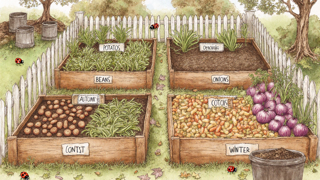 Цикл севооборота: четыре грядки с разными овощами и природными элементами.