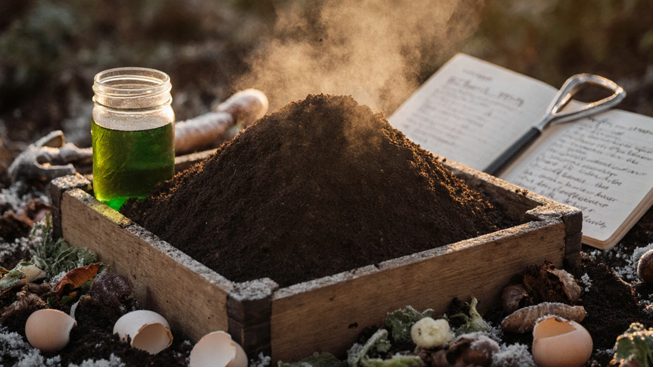 Деревянный компостный ящик с перегноем и банкой настоя, рядом кухонные отходы.