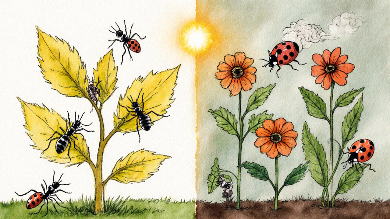 Два противоположных сценария: больное растение с тлей и здоровое с божьими коровками и бархатцами.