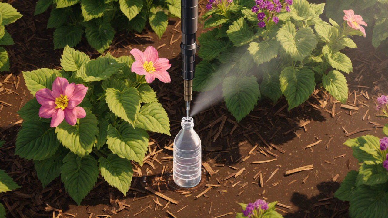 Капельный полив у основания цветов, мульча на земле, без брызг на листьях.