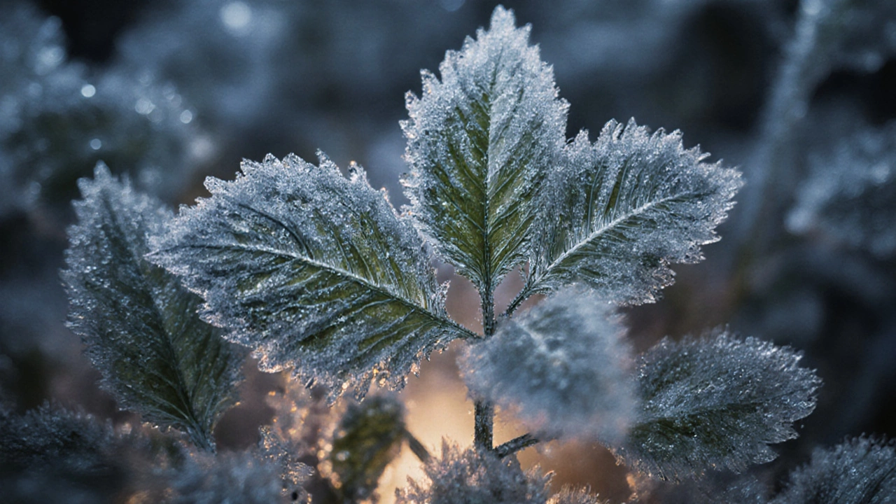 Листья растения покрыты тонким слоем льда, внутренние клетки остаются целыми после заморозка.
