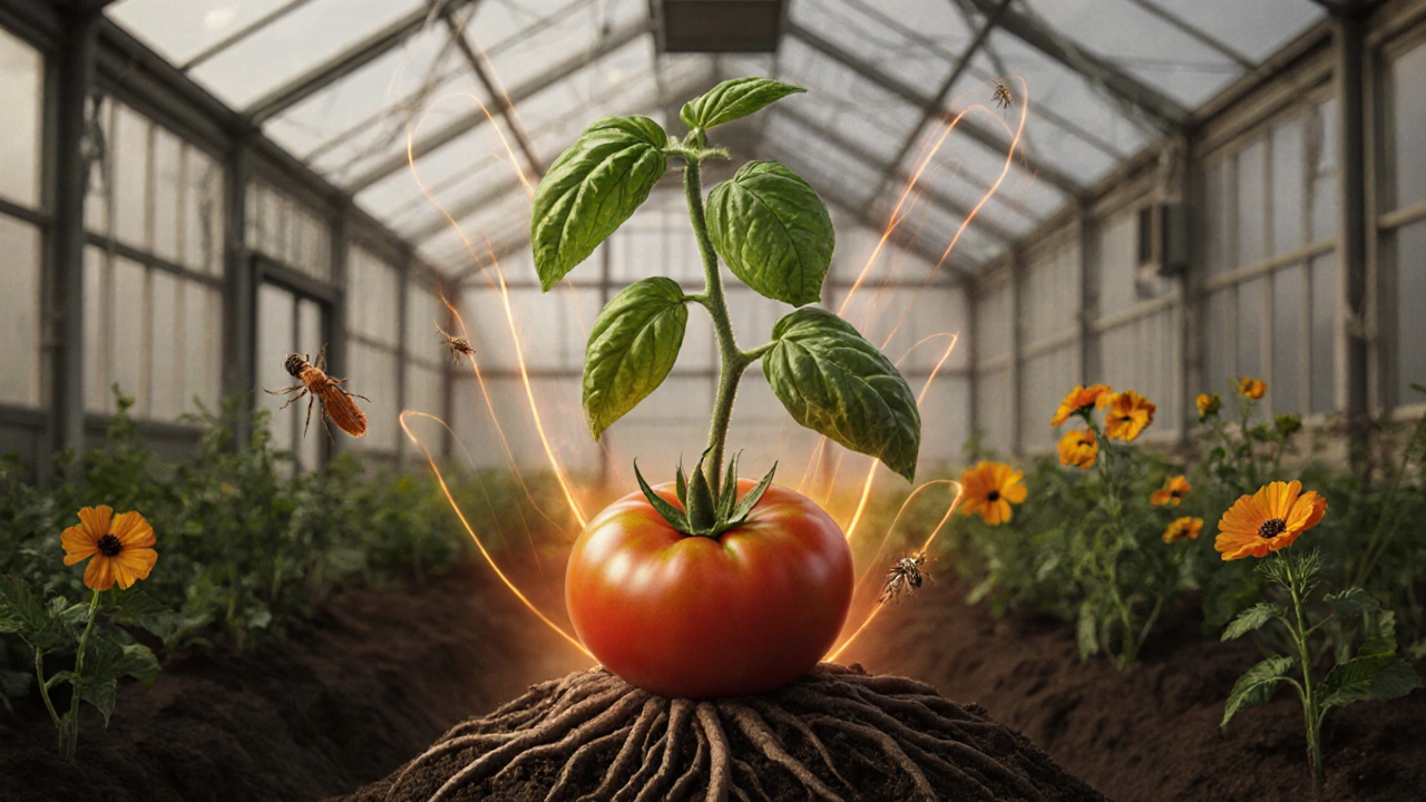 Помидор с защитными элементами: базилик отпугивает тлю, бархатцы убивают нематод, настурция привлекает вредителей.