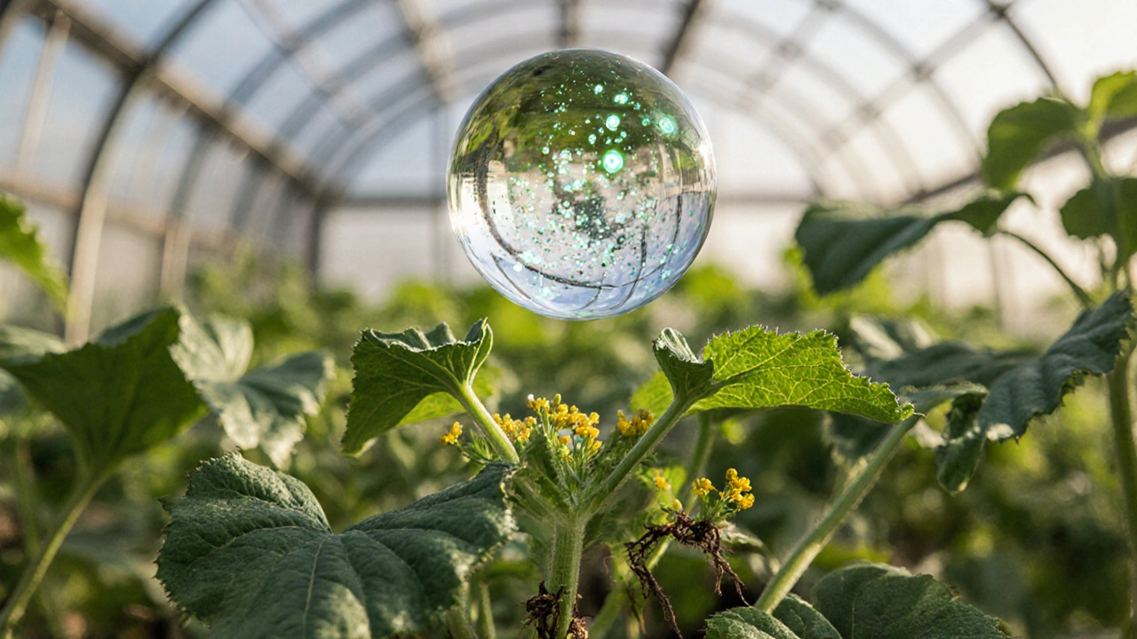 Прозрачная капля с питательными элементами NPK над огурцом в теплице.