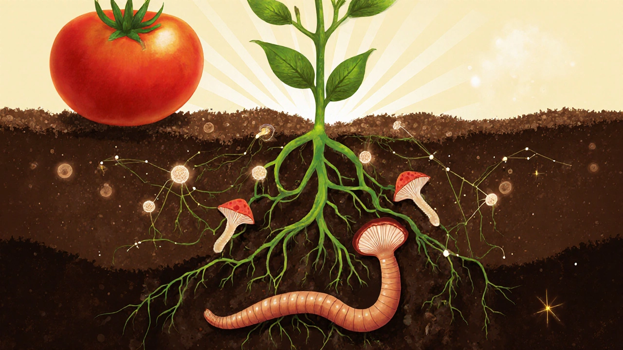 Разрез почвы, полной микроорганизмов и грибных сетей, питающих растение.