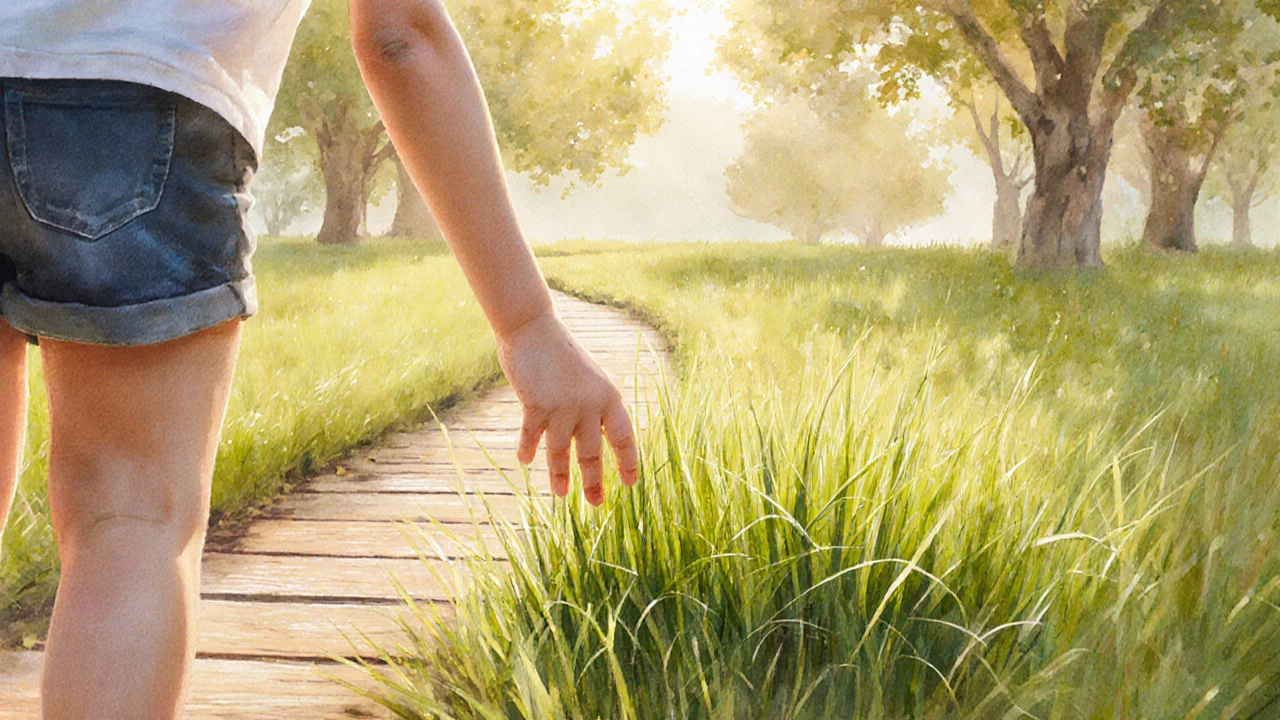 Ребёнок и взрослый у зелёного газона, рядом — деревянная дорожка.