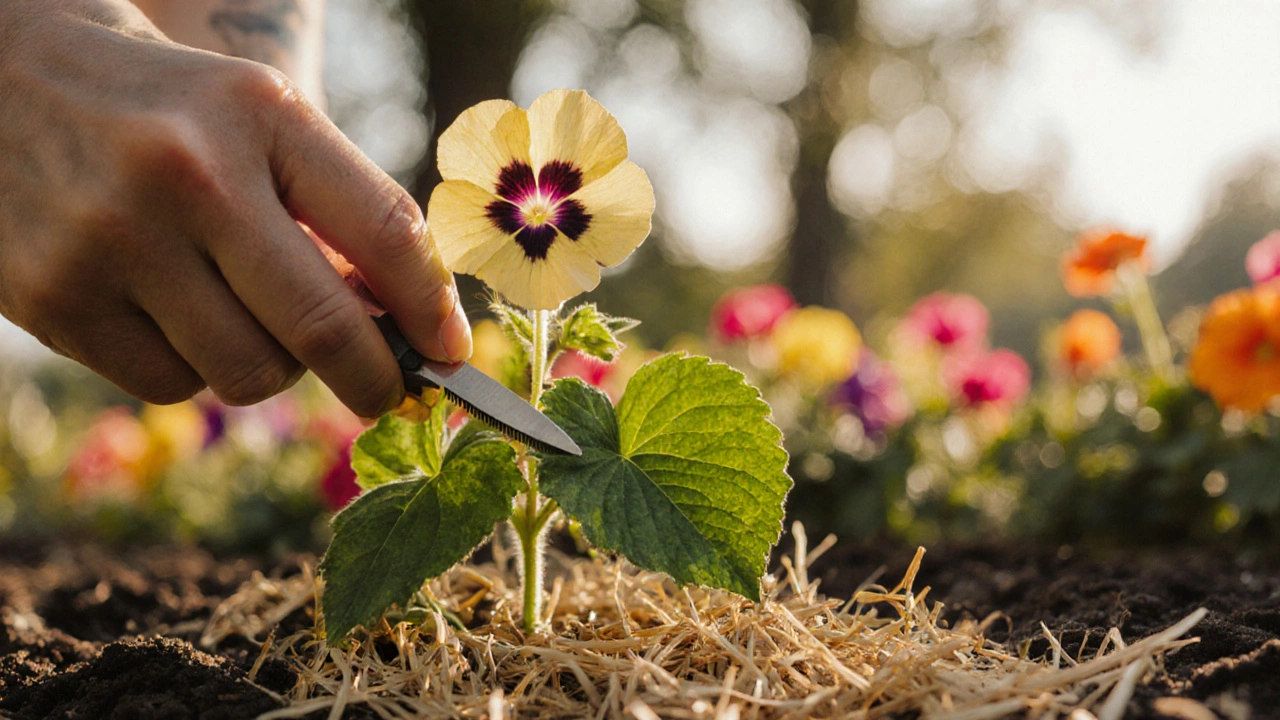 Рука срезает отцветший бутон петунии, вокруг — слой соломенной мульчи, не касающейся стебля.