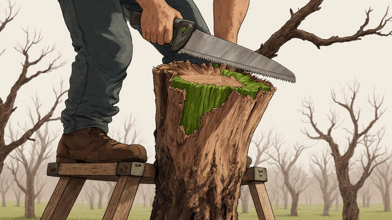 Садовник аккуратно срезает мертвую верхушку дерева, видна живая зеленая ткань под корой.