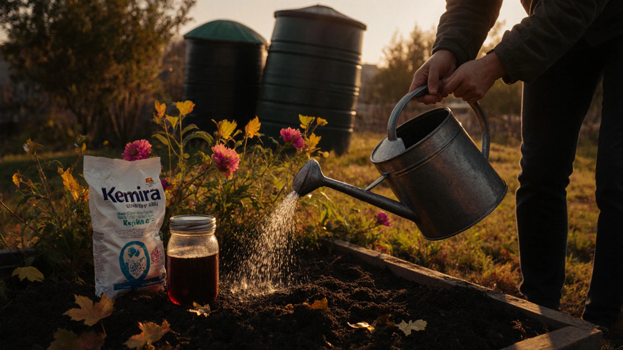 Садовник поливает цветы вечером в осеннем саду с банкой золы рядом.
