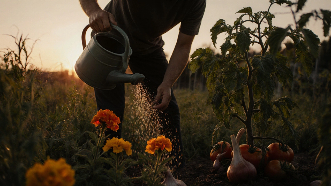 Садовник поливает томаты системным инсектицидом вечером, рядом растут бархатцы и чеснок.
