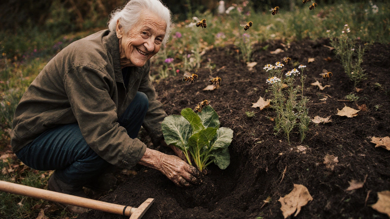 Садовник сажает сидераты в мульчированную землю, рядом — пчелы и дикие цветы.