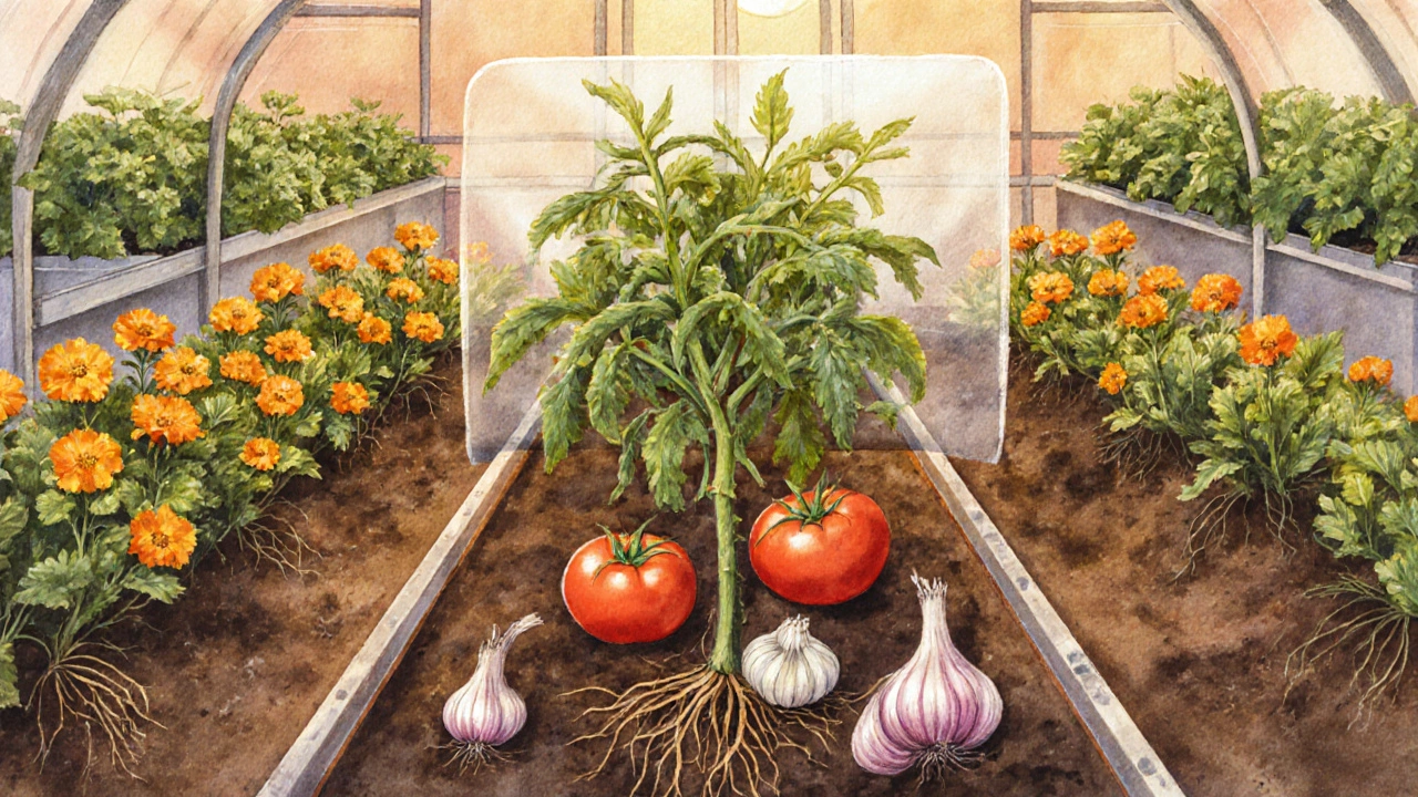 Схема посадки в теплице: помидоры по центру, чеснок и бархатцы по краям, огурцы отделены перегородкой.