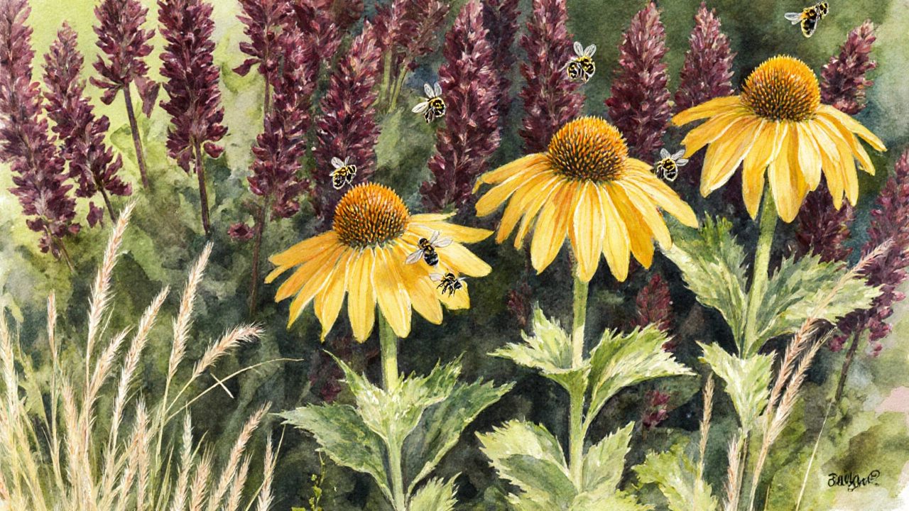 Солнечная клумба с золотистыми рудбекиями и бордовыми астильбами под летним солнцем.