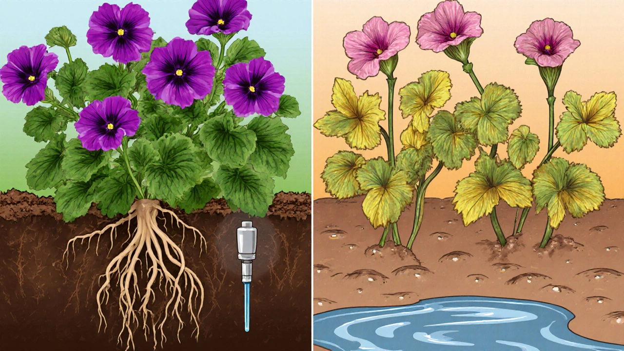 Сравнение здоровых цветов на богатой почве и слабых — на тяжелой глине с переувлажнением.