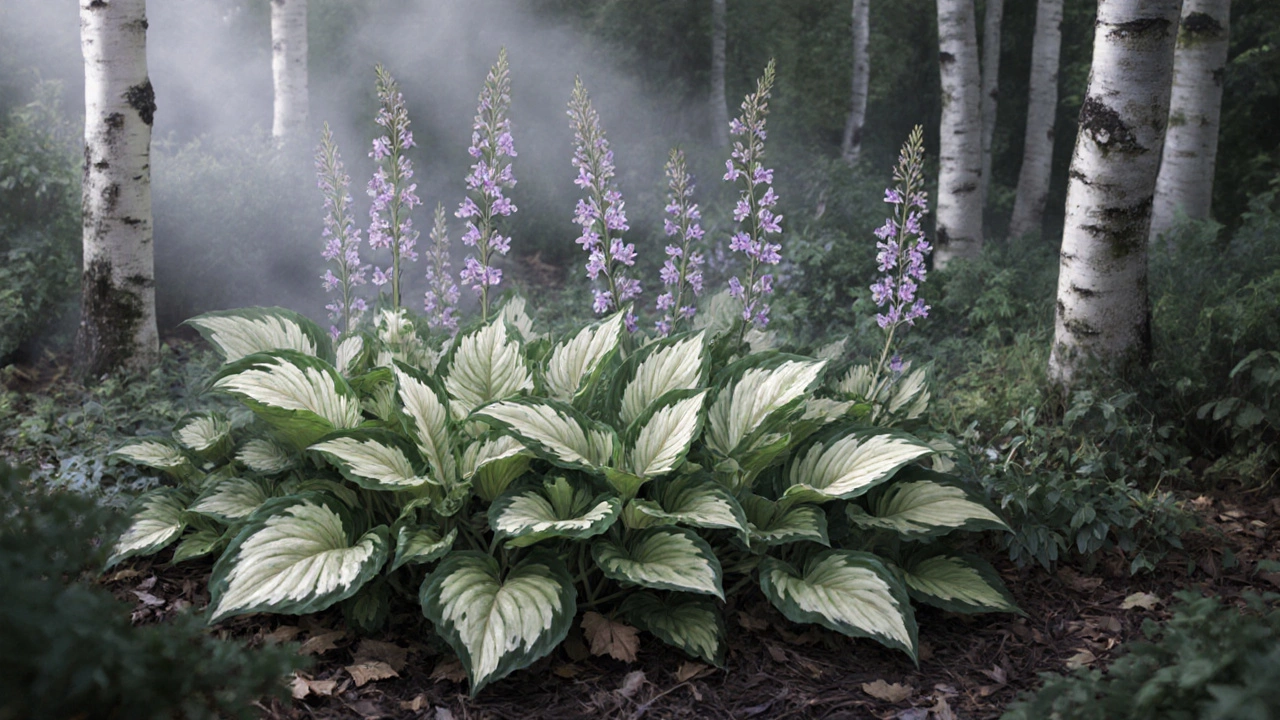 Теневая клумба с крупными листьями хосты и тонкими фиолетовыми цветами.