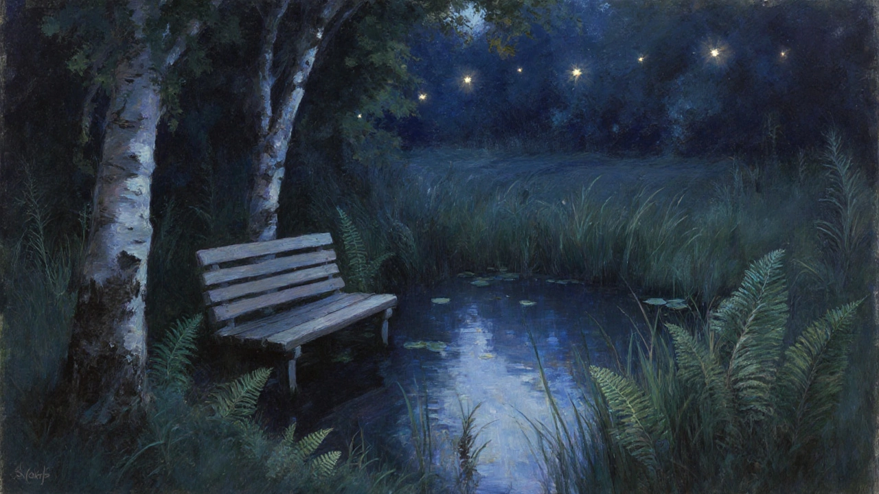 Тихий пруд в тени берёзы с лавочкой и огоньками в сумерках, окруженный папоротниками.