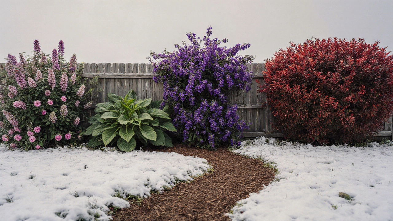 Забор в четырёх сезонах: сирень, хосты, клематис и барбарис, переход от весны к осени.