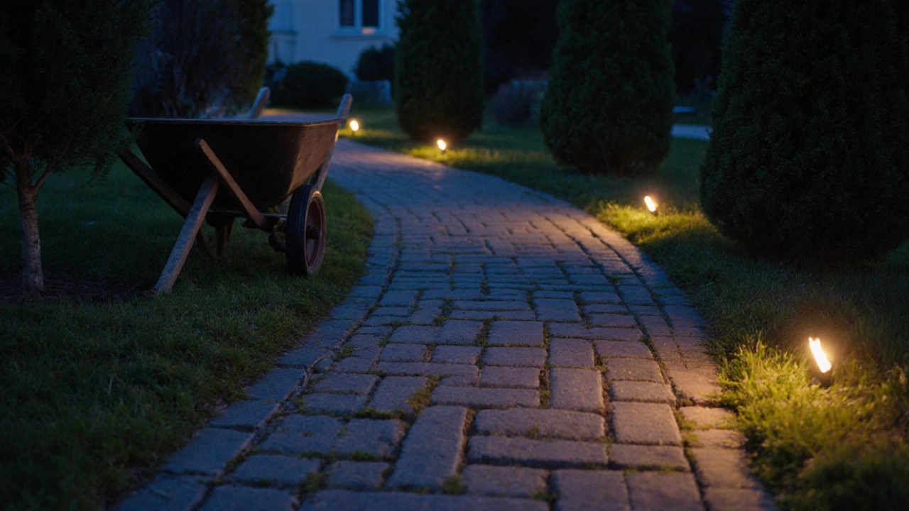 Закруглённая каменная дорожка с мягким освещением и низкими кустарниками в пригороде России.