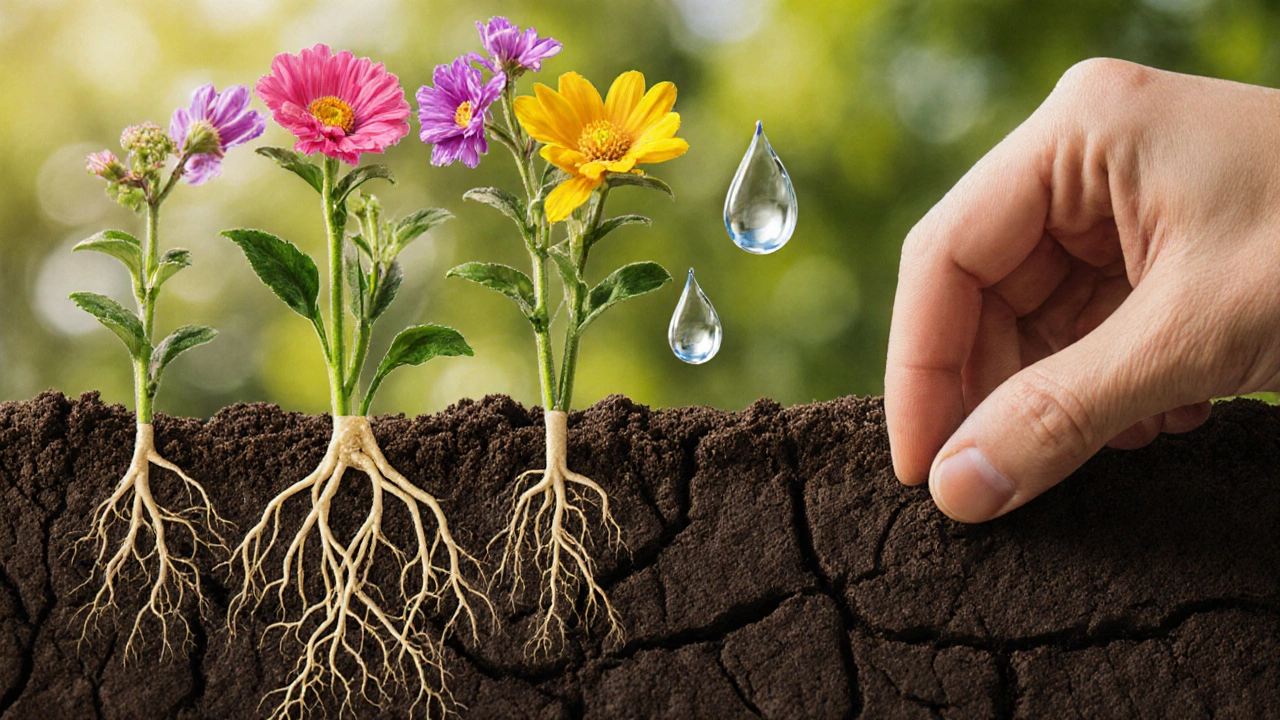 Здоровые корни уходят вглубь, в отличие от поверхностных, рука проверяет влажность почвы.