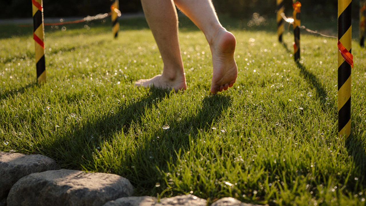 Зрелый газон с лёгкими следами ног и каменным бордюром на закате.