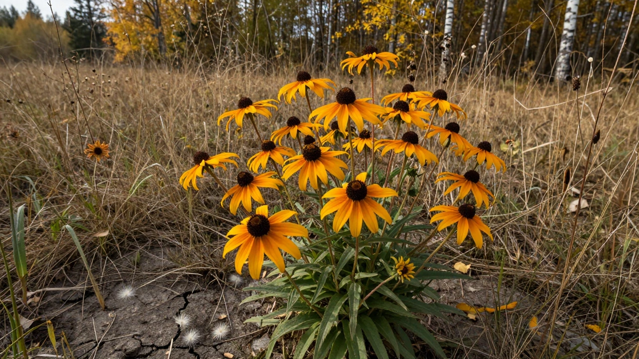 Яркие рудбекии в диком саду, золотые цветы на высоких стеблях, сухие прошлогодние стебли вокруг.