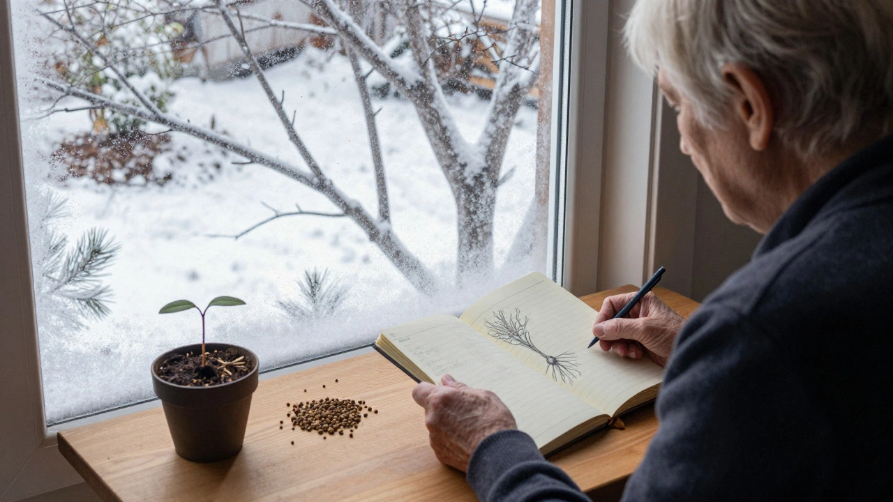 Человек смотрит в окно на зимний сад, за столом — тетрадь с зарисовками и сушёные семена.
