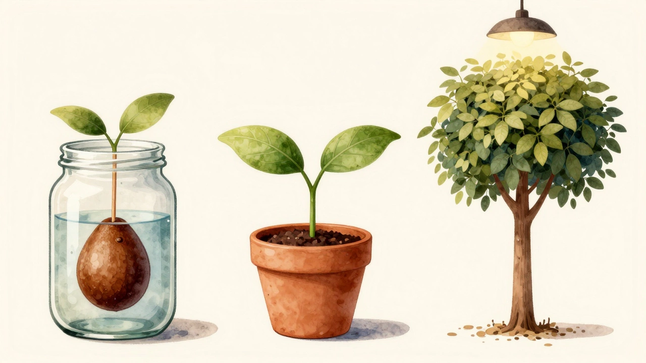 Этапы роста авокадо: от косточки в воде до крупного растения в горшке.