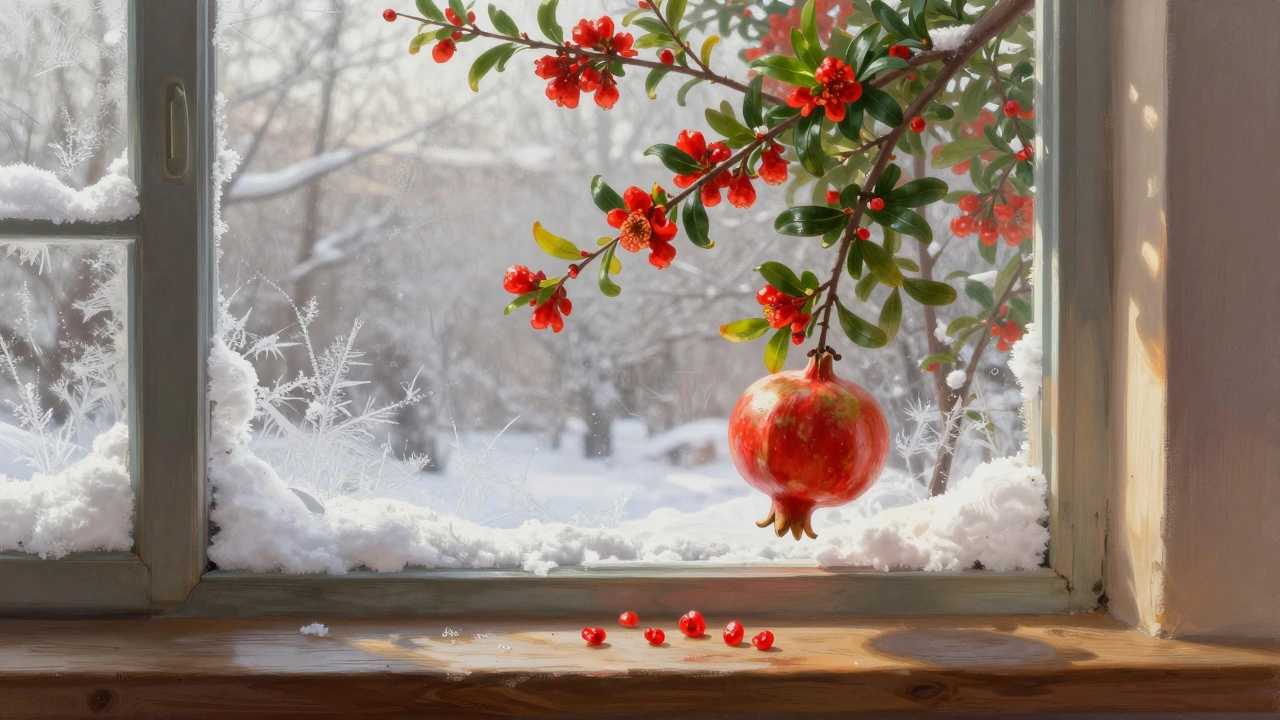 Гранатовое дерево с красными цветами на зимнем подоконнике, за окном снег.