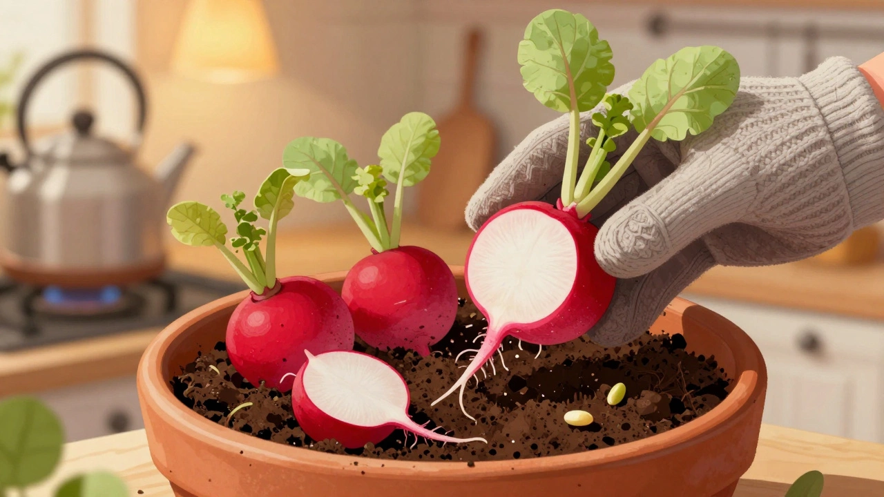 Красные редиски только что вытащены из земли, видна их сочная белая середина.