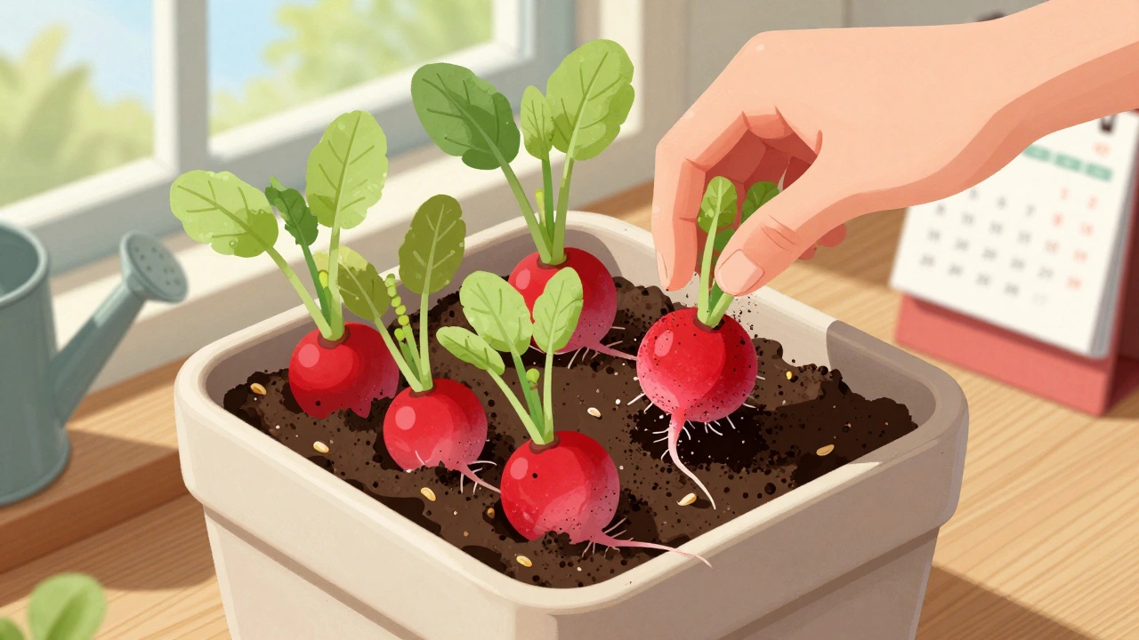 Красные редиски в горшке с землёй, только что выкопанные на 20-й день.