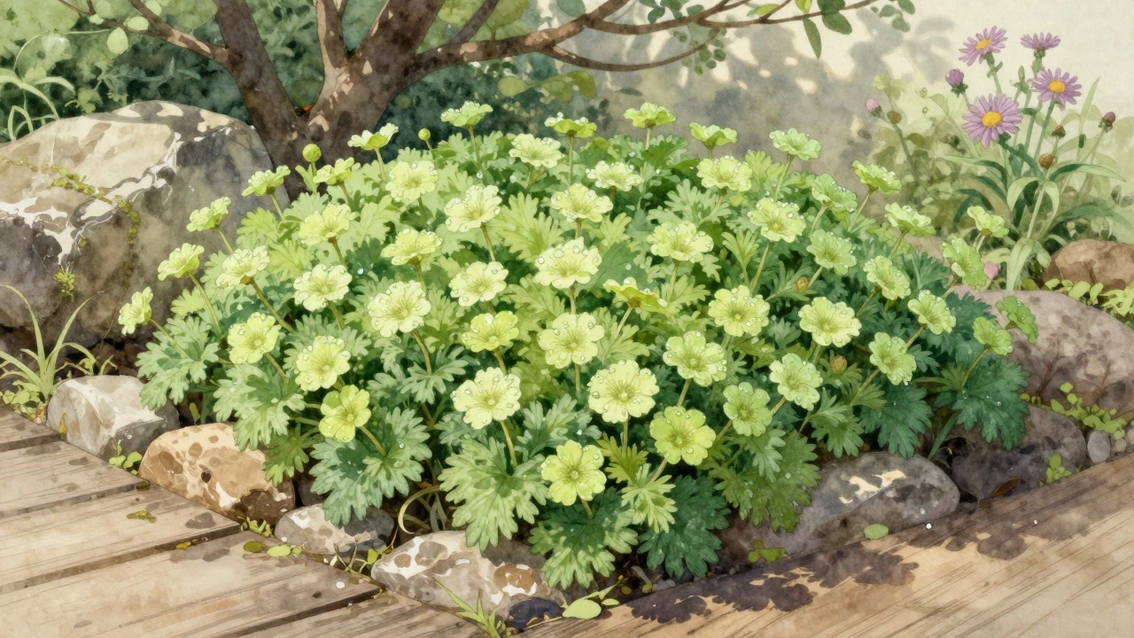 Мягкая манжетка покрывает камни и дорожку зеленым ковром, мелкие цветы и тень деревьев.