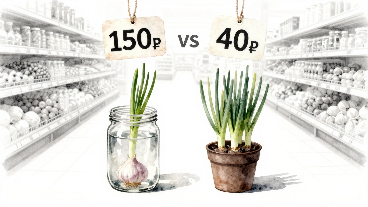 Проросший чеснок в воде и лук-батун рядом с ценниками: домашний vs магазинный