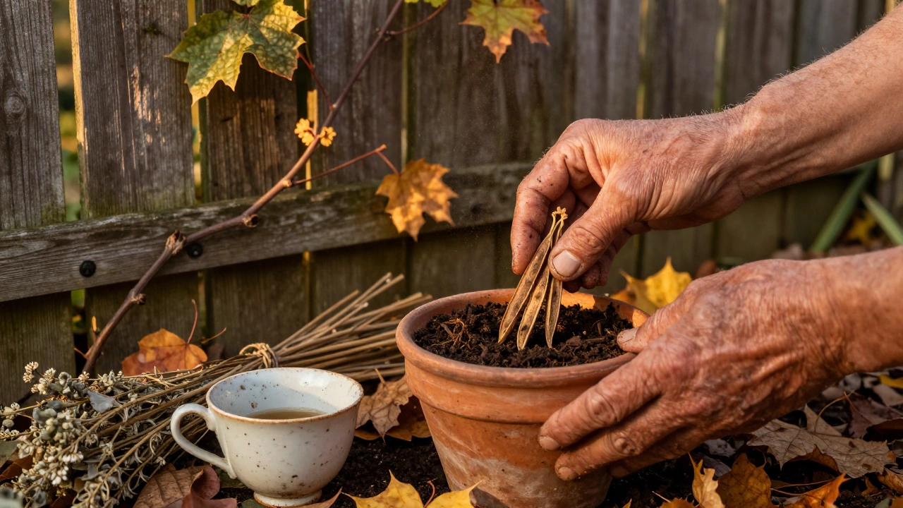 Руки кладут семена в глиняный горшок с компостом, рядом — листья и сушёные травы.