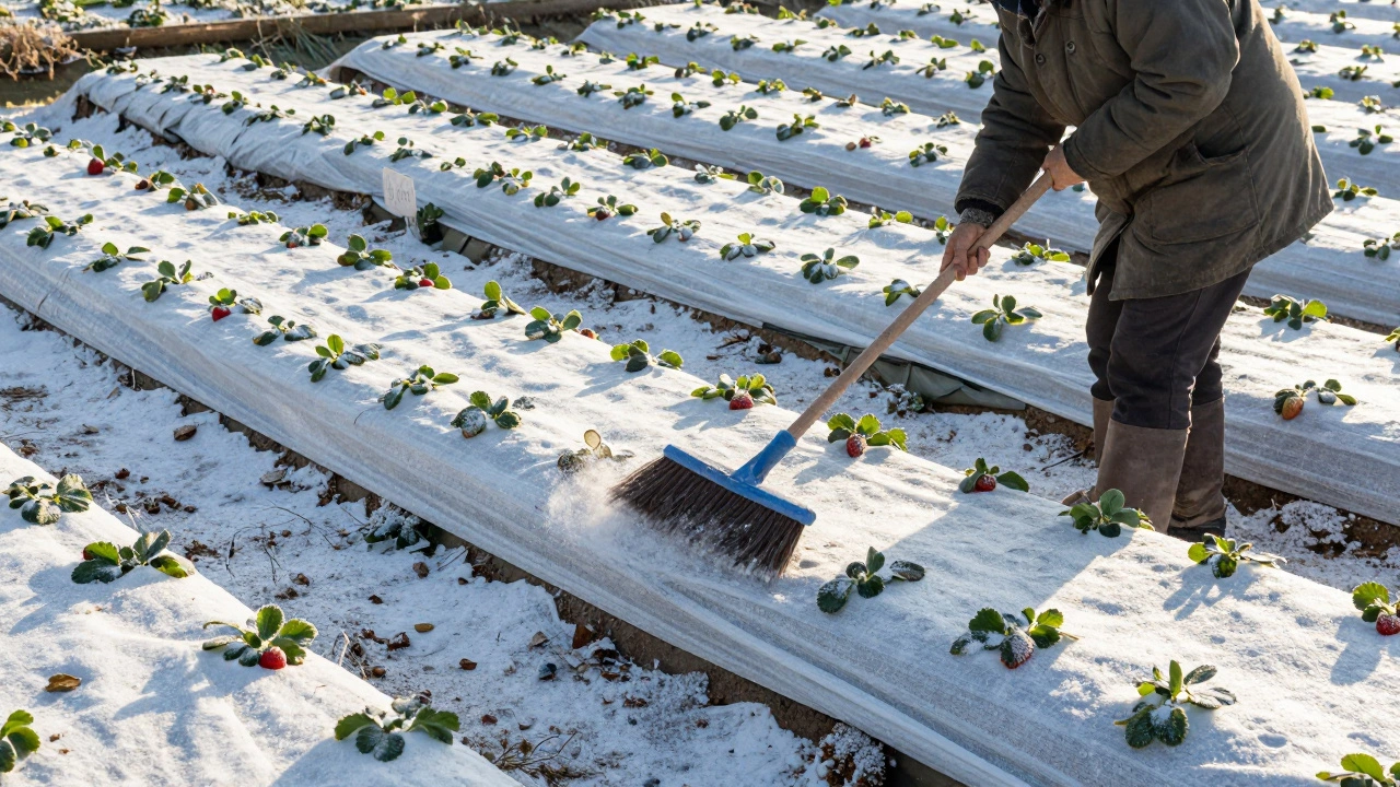Садовик сметает снег с укрытия из спанбонда, под которым видны ягодные кусты.