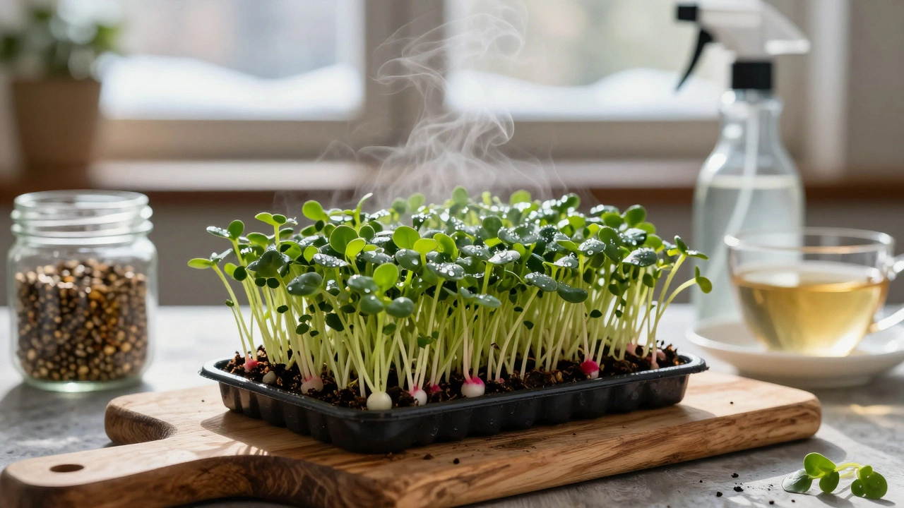 Свежесрезанная микрозелень на деревянной доске с семенами и бутылочкой для полива.