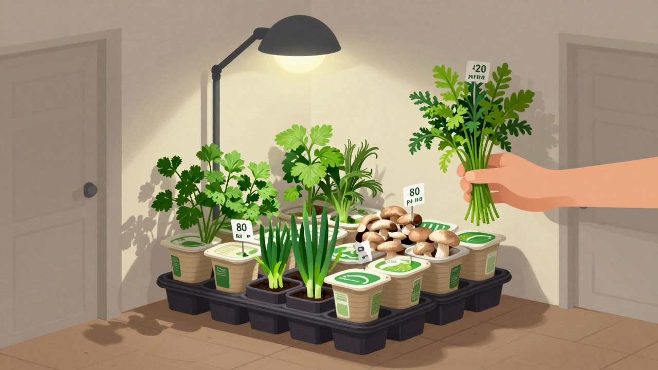 Угол квартиры с переработанными контейнерами, где растут зелень и грибы, рядом — пучок зелени с ценником.