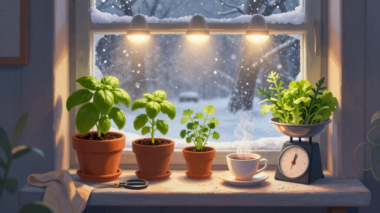 Зимний подоконник с LED-подсветкой, горшки с зеленью, снег за окном, тёплый интерьер.