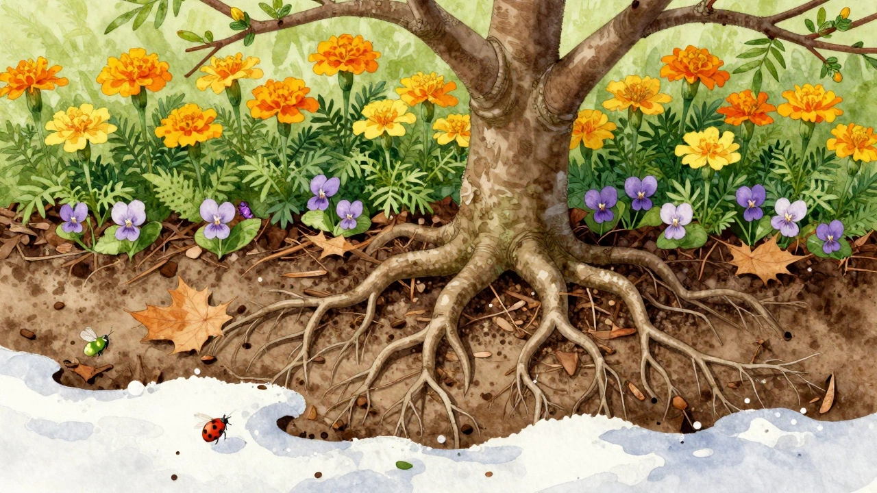 Бархатцы и фиалки у корней дерева, тающий снег, насекомые на цветах.
