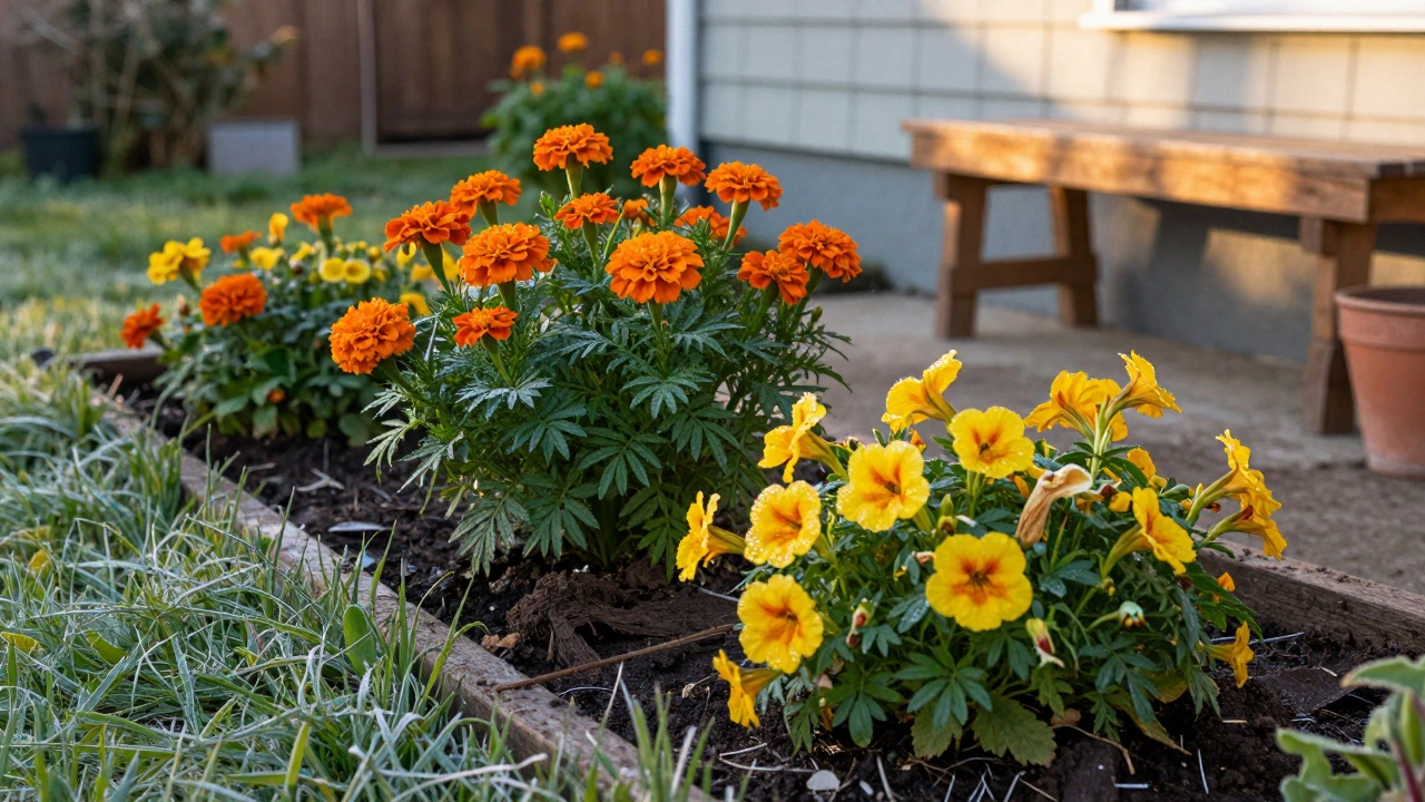 Бархатцы и настурции цветут на возвышенной клумбе в начале апреля.