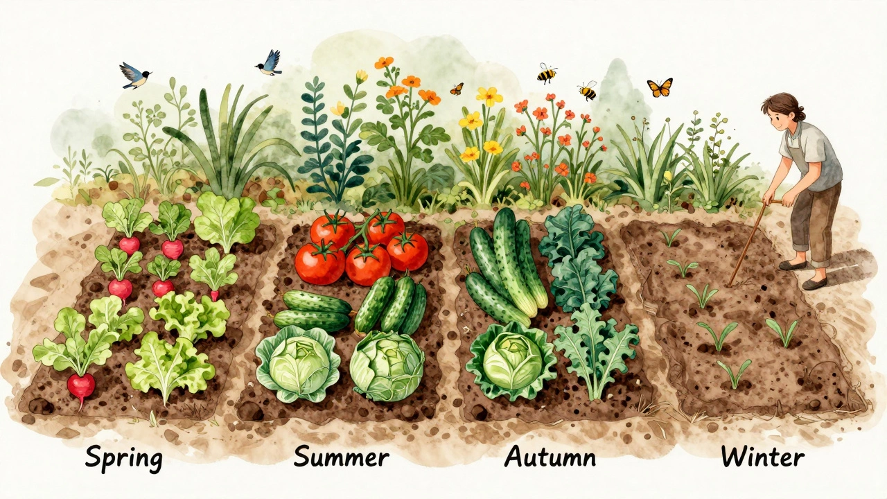 Цикл севооборота на четырёх грядках с сезонными культурами и живыми существами