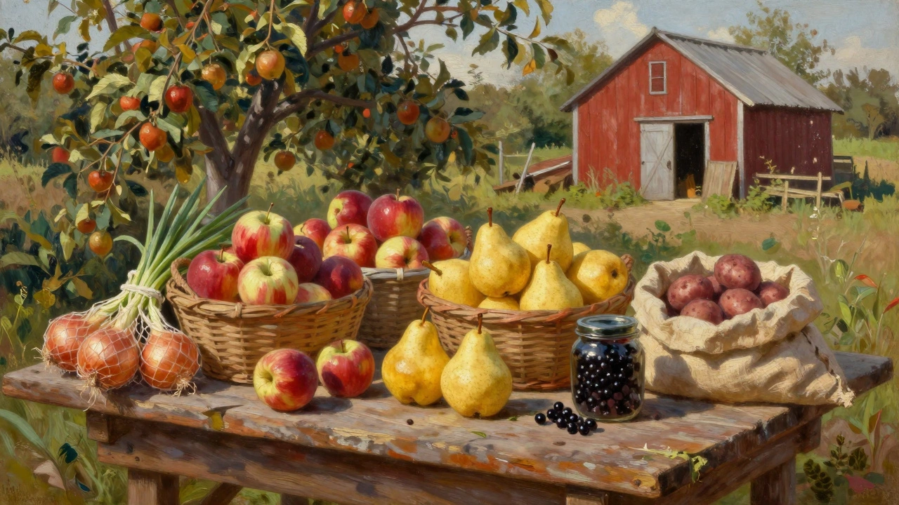 Деревянный стол, нагруженный свежими яблоками, грушами, луком, картофелем и смородиной, летний закат.