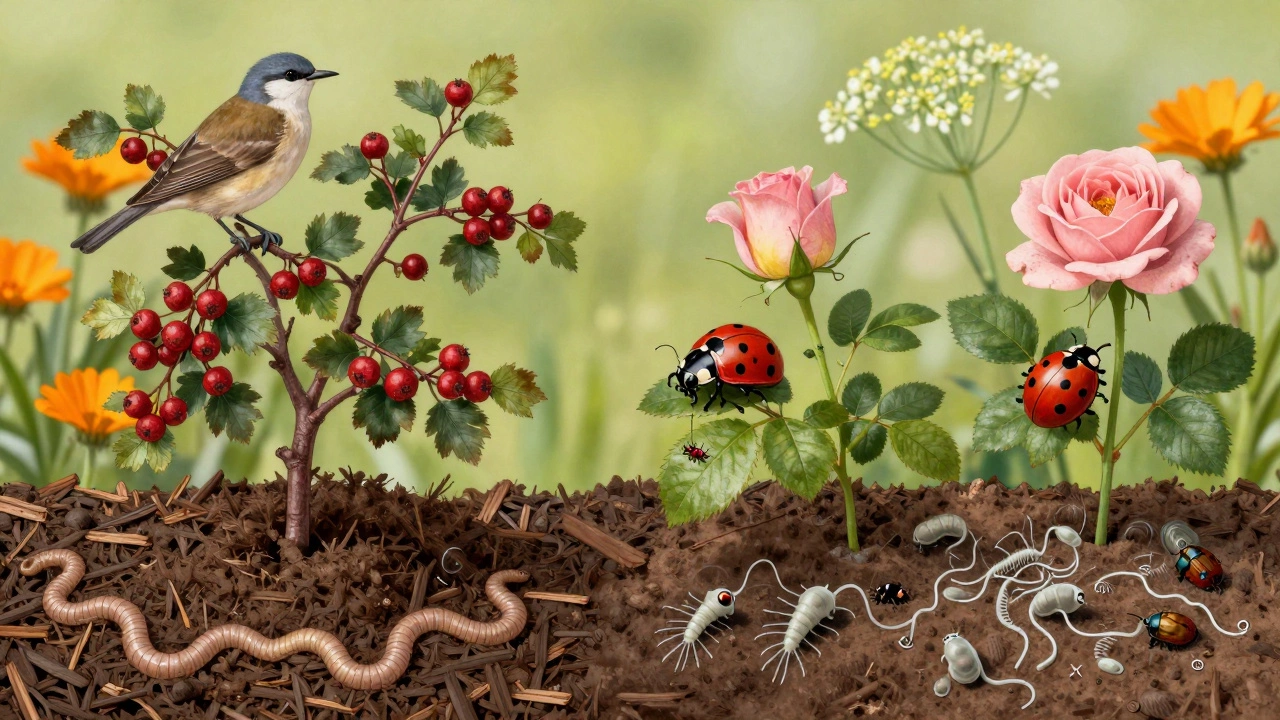 Экосистема сада: божьи коровки, птицы, дождевые черви и микроскопические нематоды в гармонии с растениями.