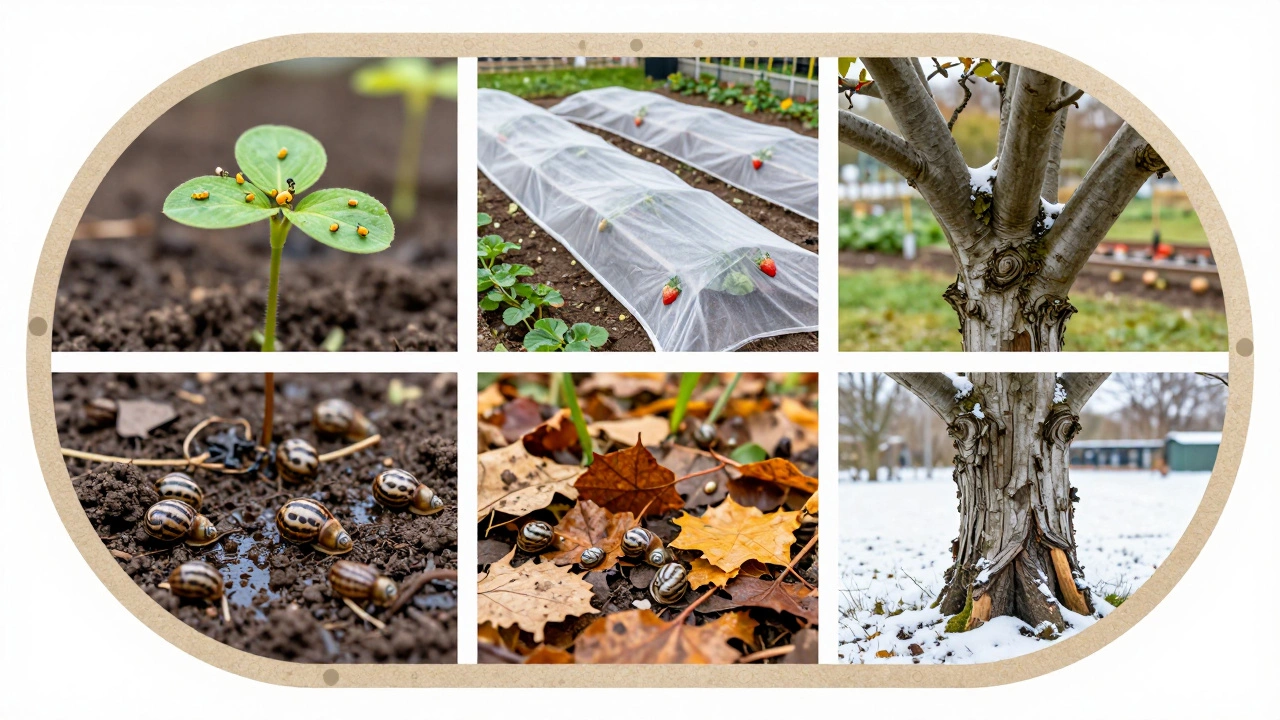 Календарь защиты сада по сезонам: тля весной, спанбонд летом, слизни осенью, известь на деревьях зимой.