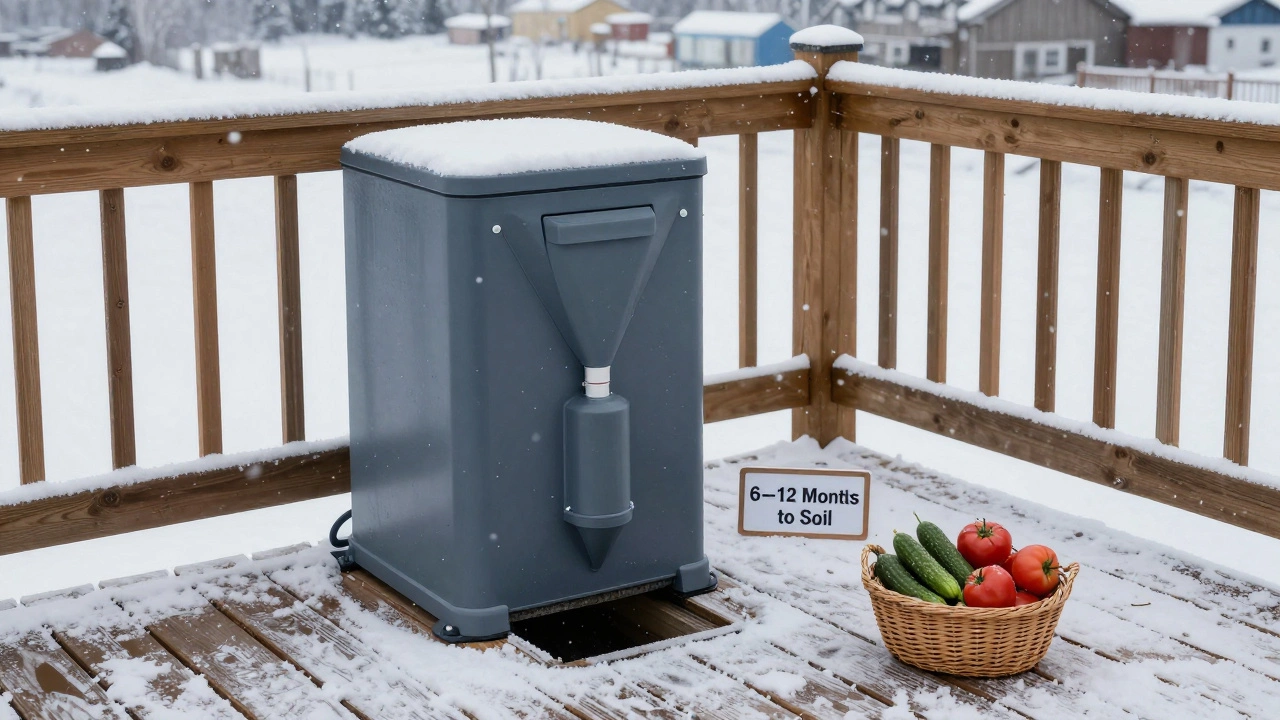 Компостный туалет на даче под снегом, рядом — свежие огурцы и помидоры.